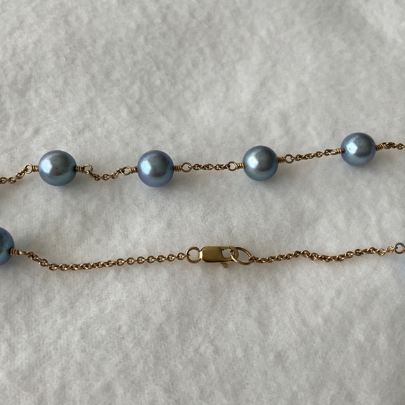 VINTAGE 14K Gold Blue Pearl Tin Cup Necklace - Picture 4 of 16